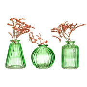 Set of 3 small green glass bud vases
